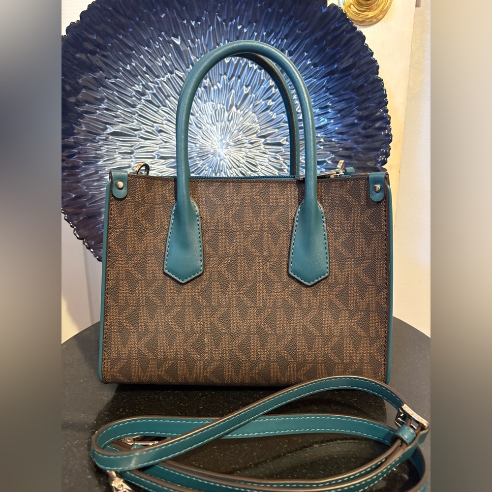Michael Kors Brown and Teal Stripe Signature Satchel - Picture 2 of 5